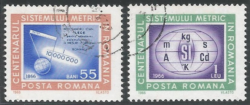 52079 - ROMANIA - 1966 - Centenario del Sistema Metrico - 2 val. cpl timbrati - Michel : 2533/2534 - Yvert : 2238/2239 - [ROM077]