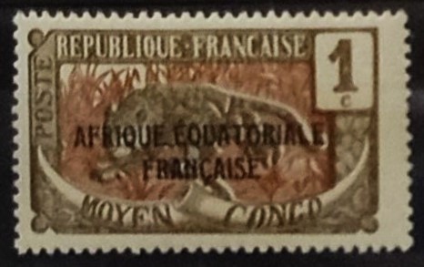52197 - 1924 MOYEN CONGO Ghepardo 1c francobollo soprastampato A.E.F. - nuovo