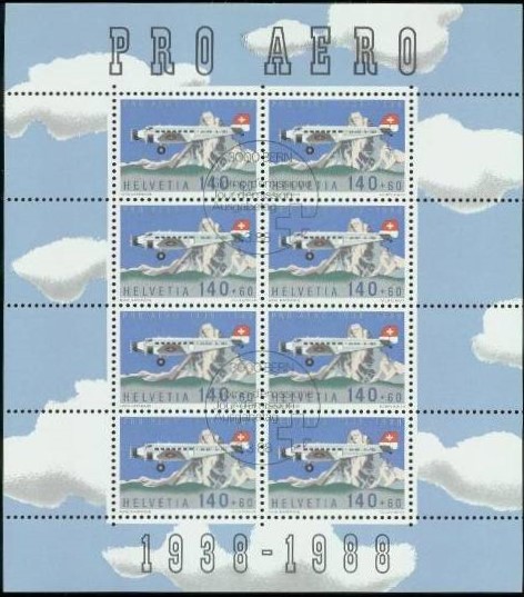 52266 - 1988 Svizzera 140+60 Pro Aero - minifoglio nuovo con annullo FDC