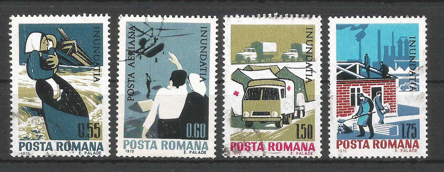 52391 - ROMANIA - 1970 - Sostegno alle vittime dell alluvione del Danubio - 4 val. cpl timbrati - Michel : 2883/2886 - Yvert : 2567/2569+PA225 - [ROM128]
