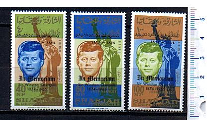6173 - SHARJAH (ora U.E.A.), Anno 1965 - # 138-40  *  J.F.Kennedy sovrast. in memoria di Sir W.Churchill  -  3 valori serie completa nuova