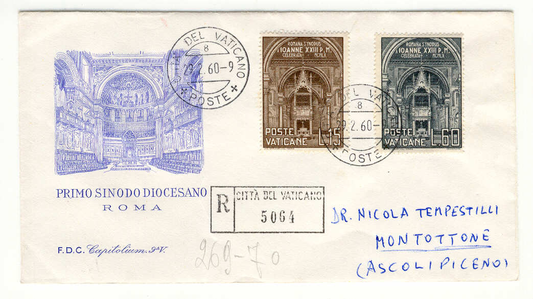 9216 - Vaticano - busta fdc con serie completa Primo Sinodo Diocesano Romano 1960