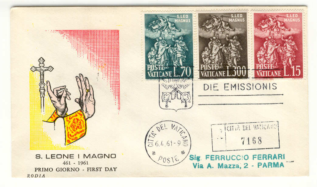 36983 - Vaticano - busta FDC con serie completa S. Leone Magno 1961 Croce + Mani