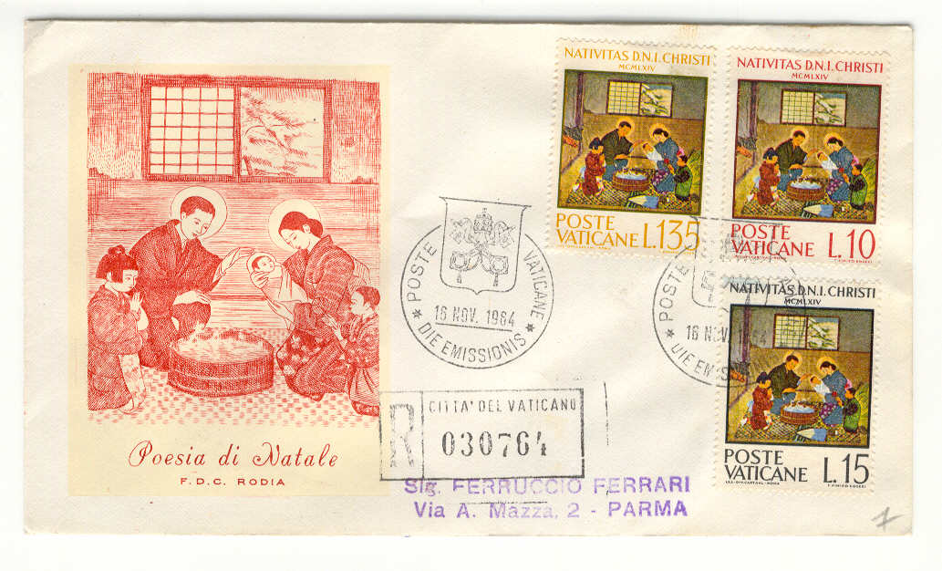 9318 - Vaticano - busta fdc con serie completa Natale Nativit Giapponese 1964