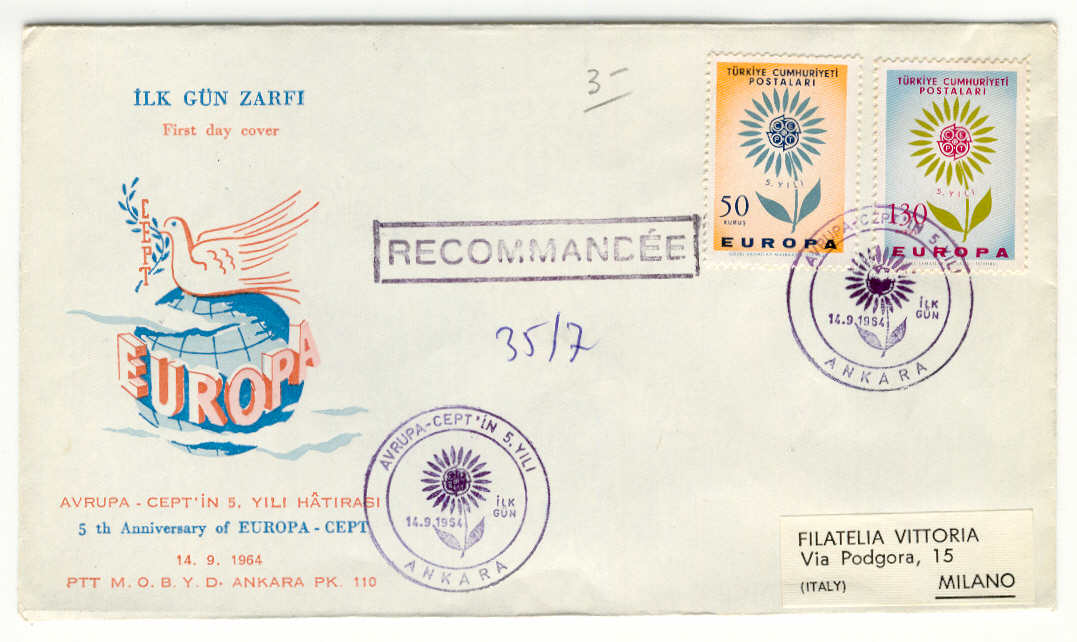 9388 - Turchia - busta fdc viaggiata Europa CEPT 1964