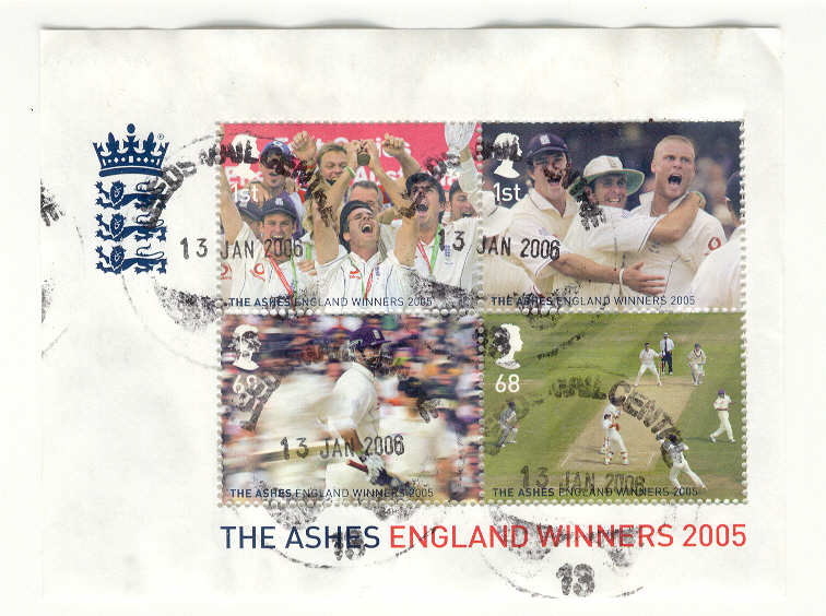 9834 - Regno Unito - Foglietto comm.ivo The Ashes vincitori campionato di cricket nel 2005. Viaggiato.